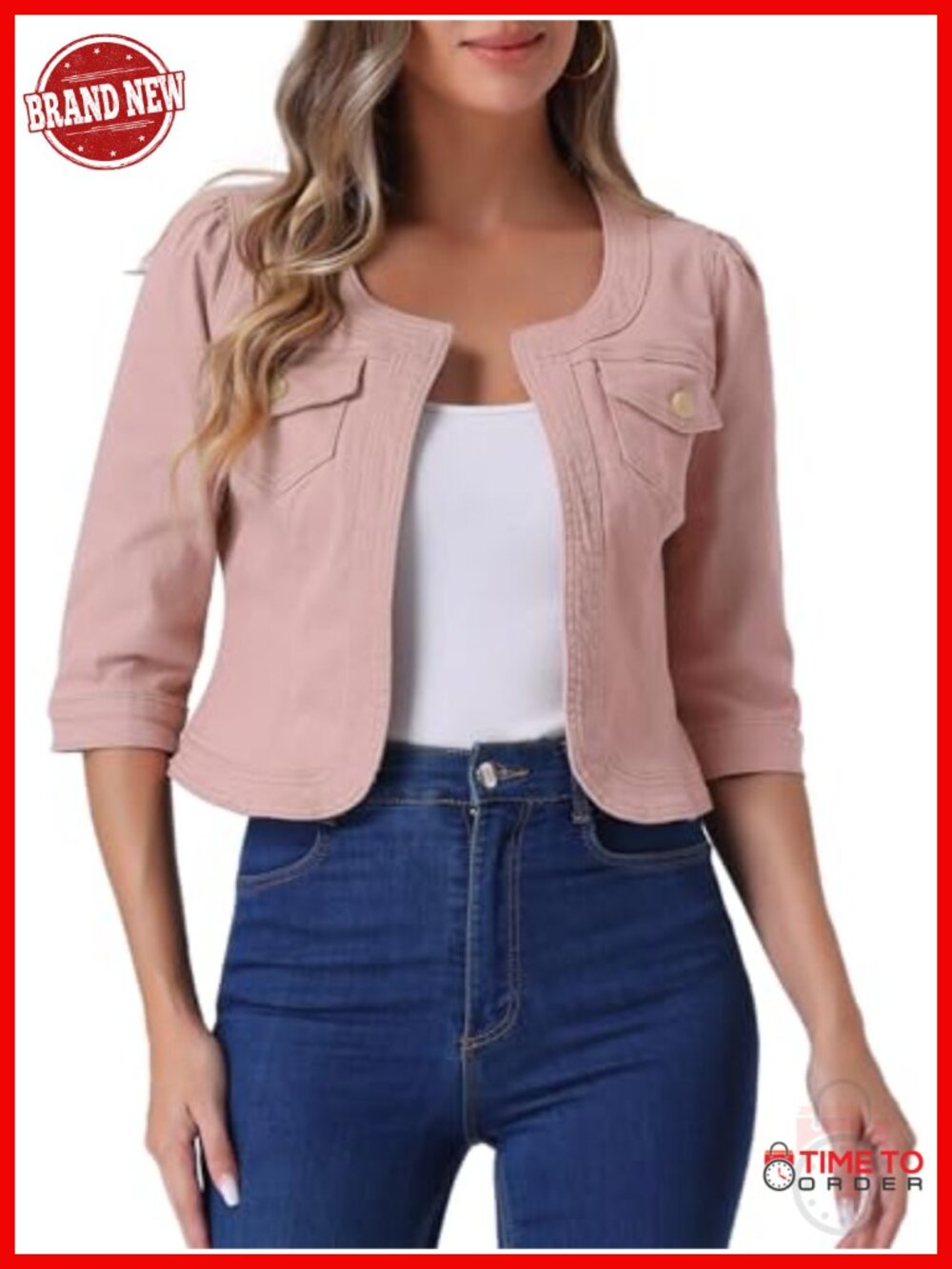 Collarless Denim Cardigan Jacket 3/4 Sleeve Crop Jean Jacket